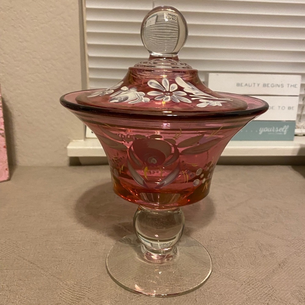 Vintage Fenton Hand Painted Cranberry Footed Lid Candy Dish